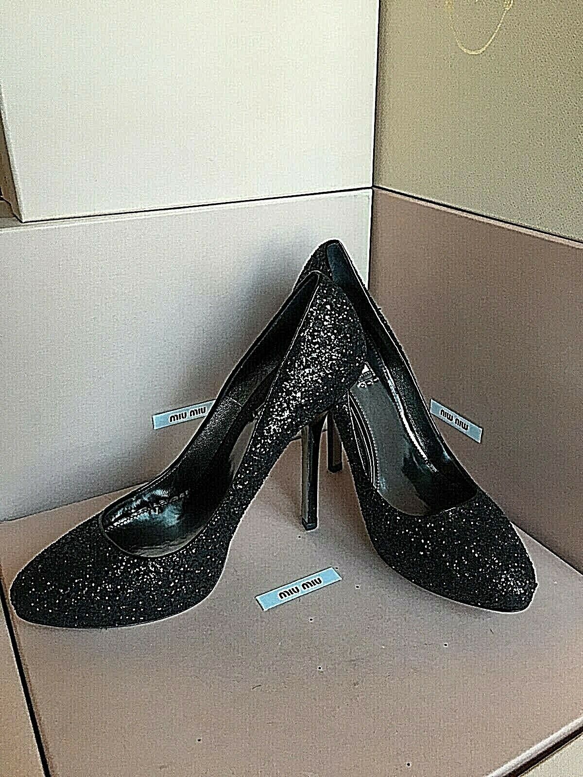 Primary image for New Miu Miu by PRADA Black Glitter Stilettos High Heels Size 38.5 Women Shoes S1