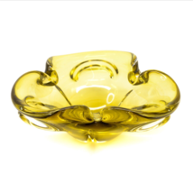 Vintage Yellow Amber Art Glass Folded Edge Large Candy Dish Bowl Heavy 9&quot; - £38.82 GBP