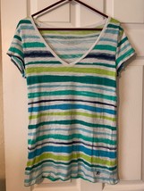 Aeropostale Aero Green/Blue Striped V Neck T Shirt Juniors Size XL - £11.06 GBP