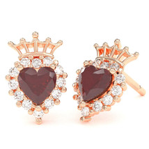 Ruby Diamond Claddagh Motive Stud Earrings in 14k Rose Gold - £405.16 GBP
