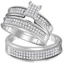 10k White Gold His Hers Round Diamond Cluster Matching Bridal Wedding Ring Set  - $799.00