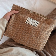 Retro warm coffee fine plaid handbag clutch cosmetic bag literary British style  - £15.34 GBP
