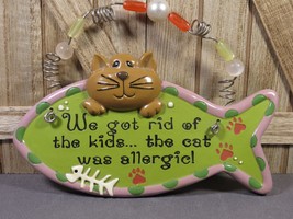 Cat Whimsy Sign Plaque Wall Hanging Green Ceramic Fish Hand Painted 6.25&quot; x 4.5 - £8.08 GBP