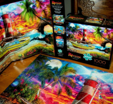 Jigsaw Puzzle 1000 Pieces Lighthouse Sunset On Tropical Beach Sailboat Complete - £11.68 GBP