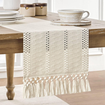 Macrame Style Boho Table Runner, Ivory Table Runners 72 Inches Long, Farmhouse W - £20.57 GBP