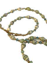 Vintage Rolled Paper Bead Necklace With Chrysolite Aurora Borealis Beads - £35.38 GBP