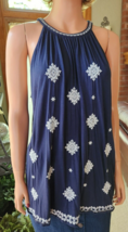 Loft Outlet XL Navy Blue/White Embroidery Rayon Knit Sleeveless Top Shir... - $24.74