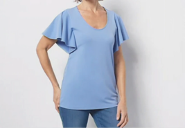 Susan Graver Liquid Knit Top with Short Flutter Sleeves- MYSTIC BLUE, 2XS - £15.81 GBP