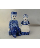 Vintage Sitting Dutch Boy and Girl Salt and Pepper Shakers Blue and Whit... - $9.46 CAD