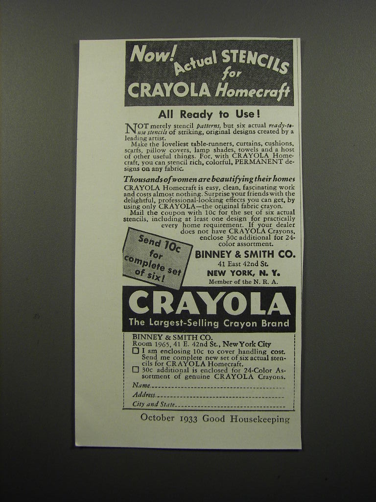 1933 Binney & Smith Crayola Crayons Ad - Now actual stencils for Crayola  - $18.49