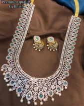 Indian Bollywood Gold Plated Jewelry Green CZ Haram Necklace Earrings Set - £224.42 GBP