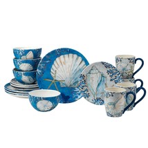 Shells 16-Piece Dinnerware Set Service for 4 Blue Gold White Coastal Casual - $146.43