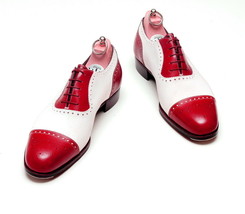 Two Tone Oxford Men Red White Brouging Cap Toe Spectator Real Leather Shoes - £117.95 GBP+