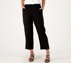 Susan Graver PURE Linen Reg Pull-On Embroidered Hem Crop Pants Black, Medium - £23.70 GBP