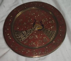 Vintage Brass Wall Hanging Plate Peacocks India Made 9.5 Inch Floral Ena... - $49.99