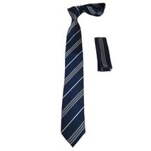 Mens Narrow Tie/Hankie Set Woven Vito Rofolo VTR-101 Navy White Stripe image 3