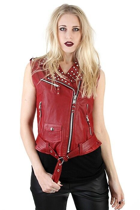 Made To Order Women's Brando Biker Red Color Leather Silver Studded Belted Vest