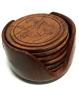 Vintage Teak Hand Carved Floral Wood Coaster Set Inlaid Brass Holder Ret... - £16.79 GBP