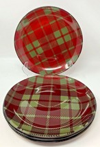 4 GREEN RED Plaid Holiday Glass SALAD Plates Glass Top * Pattern shows through * - £26.62 GBP