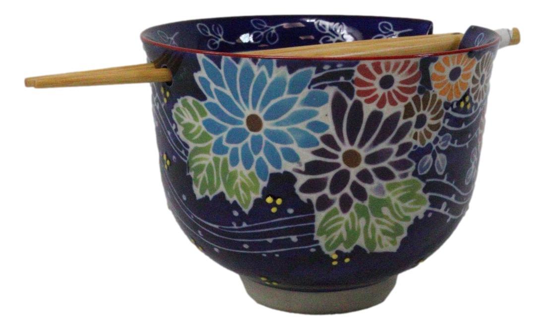 Purple Colorful Flowers In Wind Ceramic Donburi Ramen Bowl With Chopstic... - $18.99