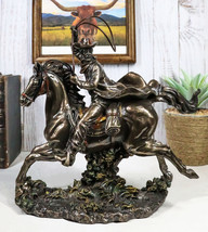 Rustic Western Rodeo Cowboy With Lasso Rope On Running Mustang Horse Figurine - $83.99