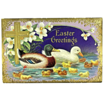 Postcard Easter Greeting  Mallard Duck and Ducklings Purple Cross Vintage c1912 - £3.92 GBP
