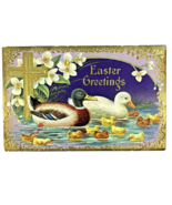 Postcard Easter Greeting  Mallard Duck and Ducklings Purple Cross Vintage c1912 - $5.00