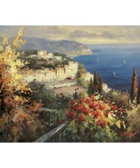Mediterranean Seascape by Peter Bell Canvas Giclee Flowers Sail Boats 18x24 - £157.28 GBP
