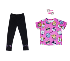 NWT Girls Kitty Cat Black Leggings Pink Tee Hair Clips 4T 5T 6 NEW - $18.99