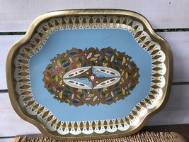 Vintage English Baret Ware 16 1/4&quot; Metal Serving Tray 236 Leaves Gold Blues Pink - £21.98 GBP