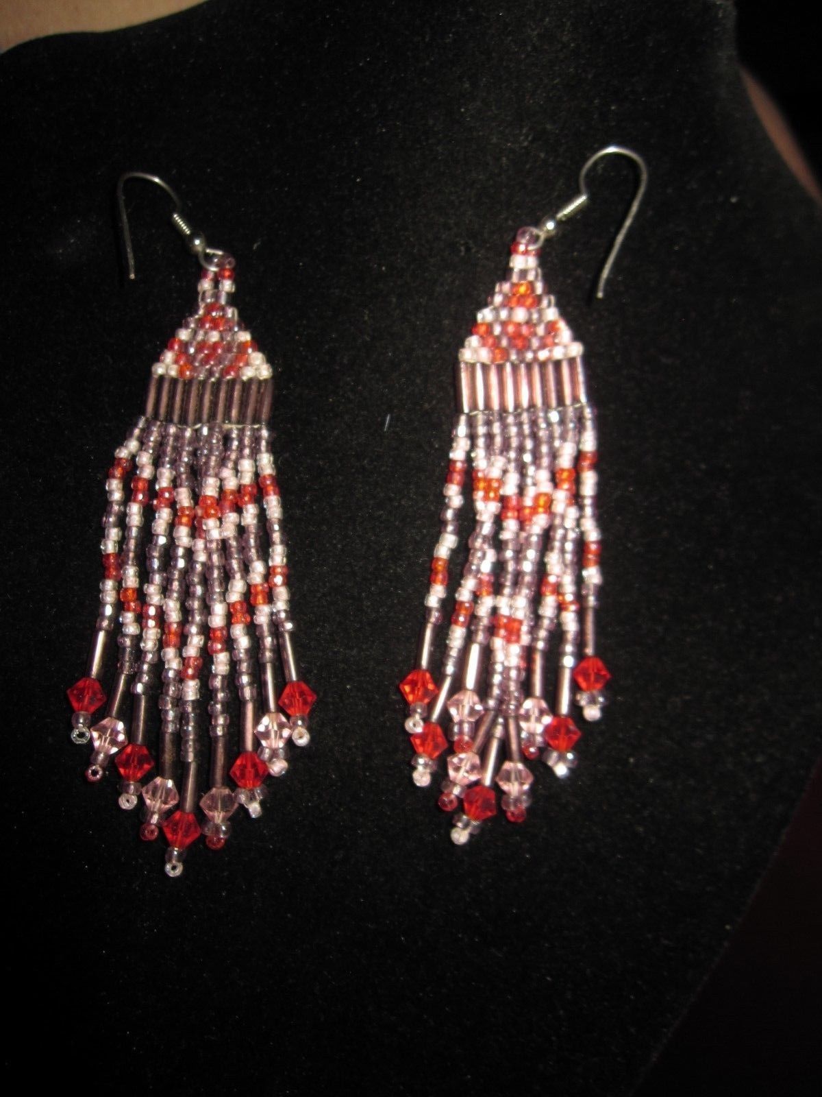 Primary image for Vintage Red's and Pink's & White  Beaded Long Dangle Earrings
