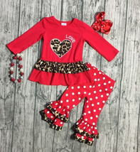 NEW Boutique Valentine&#39;s Day Leopard Heart Ruffle Leggings Girls Outfit Set - £5.10 GBP+