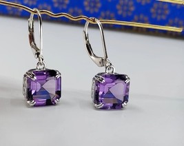 14K White Gold Plated Silver 3Ct Asscher Simulated Amethyst Drop/Dangle Earrings - £78.21 GBP