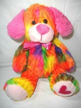 Kellytoy Rainbow Hearts Puppy Dog Plush 12&quot; Stuffed Animal Cute Pink Bow Tie-Dye - £17.37 GBP