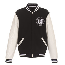 NBA Brooklyn Nets Reversible Fleece Jacket PVC Sleeves Patches Logo Black - £95.69 GBP