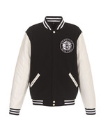 NBA Brooklyn Nets Reversible Fleece Jacket PVC Sleeves Patches Logo Black - £94.81 GBP