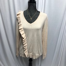 MAAC London Sweater Womens Medium Oatmeal Pale Pink Ruffle Long Sleeve - $17.64