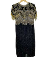 Vintage Black Tie He Ro Dress Size 10 Silk Gold Beaded Pearls Sequins Y2... - £35.92 GBP