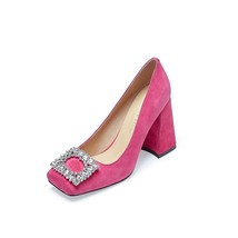 Luxury Suede Bling Crystal Mary Janes Shoes New Square Toe Chunky High Heels Wom - £96.37 GBP