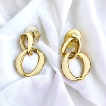 Vintage NAPIER Gold Double Hoop Pierce Earrings Cream Enamel Signed - £21.80 GBP