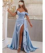Off The Shoulder Side Seam High Slit Watteau Train Pleat Satin Evening D... - $98.00