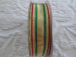 1.5&quot; Wide X 55 Yds. Red Green Gold Striped Polyester Metallic Wired Ribbon - £9.45 GBP