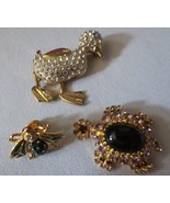 Lot of 3 Vintage Duck Fly Turtle prong set rhinestone Broochs pins - £15.72 GBP