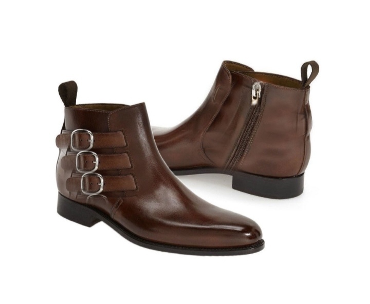 Monk Boots Brown Men's Triple Buckle Strap Premium Quality Leather High Ankle