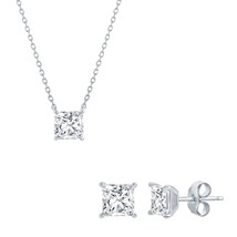 Sterling Silver, Solitaire 6mm Princess-Cut CZ, Necklace &amp; Earrings Set - £45.54 GBP