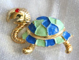 Fabulous Mod Aqua &amp; Blue Enamel Gold-tone Turtle Brooch 1960s vintage - £10.32 GBP
