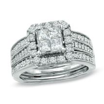 3-1/2 CT. T.W. Quad Princess-Cut Diamond Bridal Set in 14K White Gold Fi... - £85.92 GBP