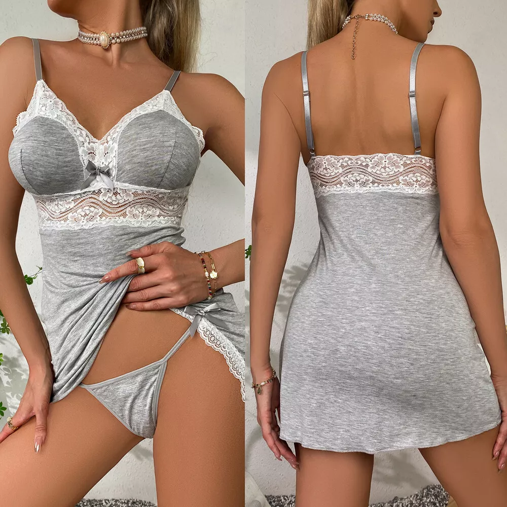 Gray Women Sexy Lace Chemise Nightgown Sleepwear V Neck Full Slip Sleep ... - $19.62