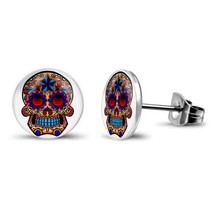 Sugar Skull Earrings 10mm Round Stud Stainless Steel Post Skeleton Day Dead Star - $8.95