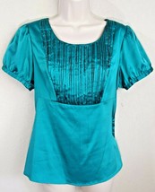 The Limited Emerald Green Satin Pin Tuck Blouse Shirt Sleeves Scoop Neck Small - £11.80 GBP